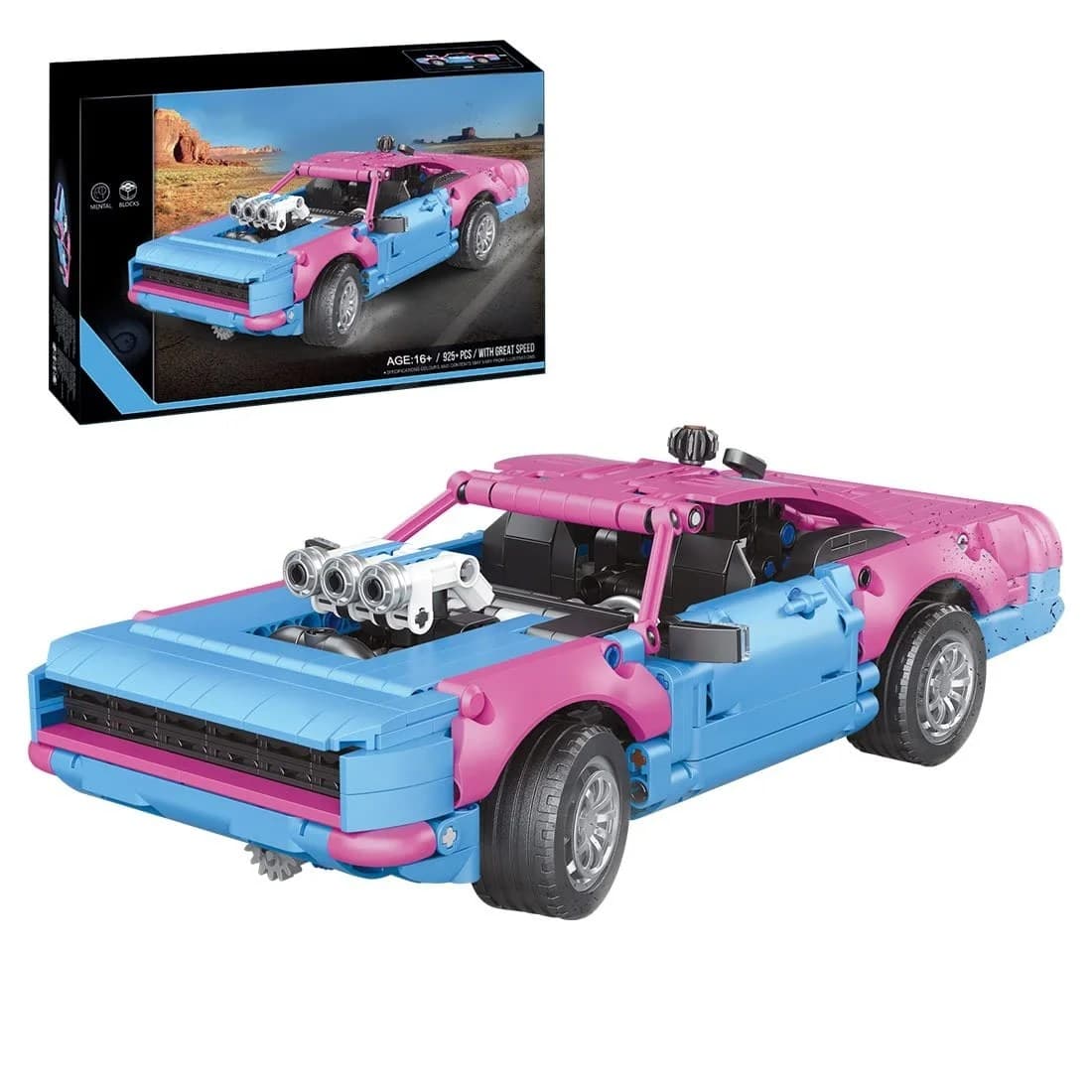Set de constructie masina sport roz si albastru cu motor detaliat 935 piese