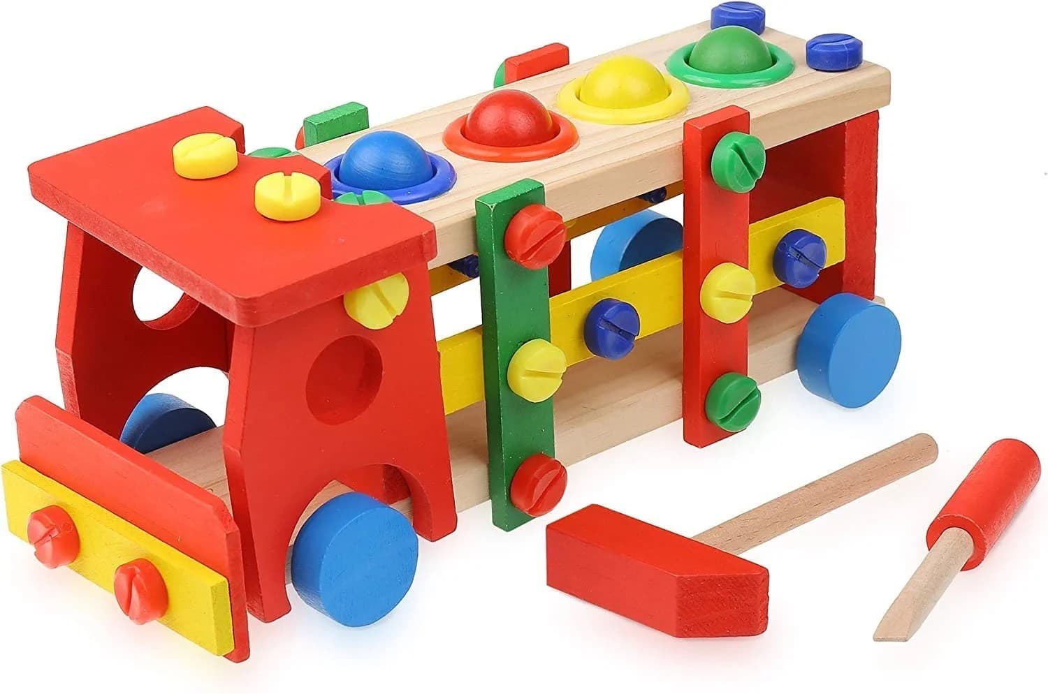 Set educativ de constructie camion din lemn cu ciocan si surubelnita pentru dezvoltarea copiilor
