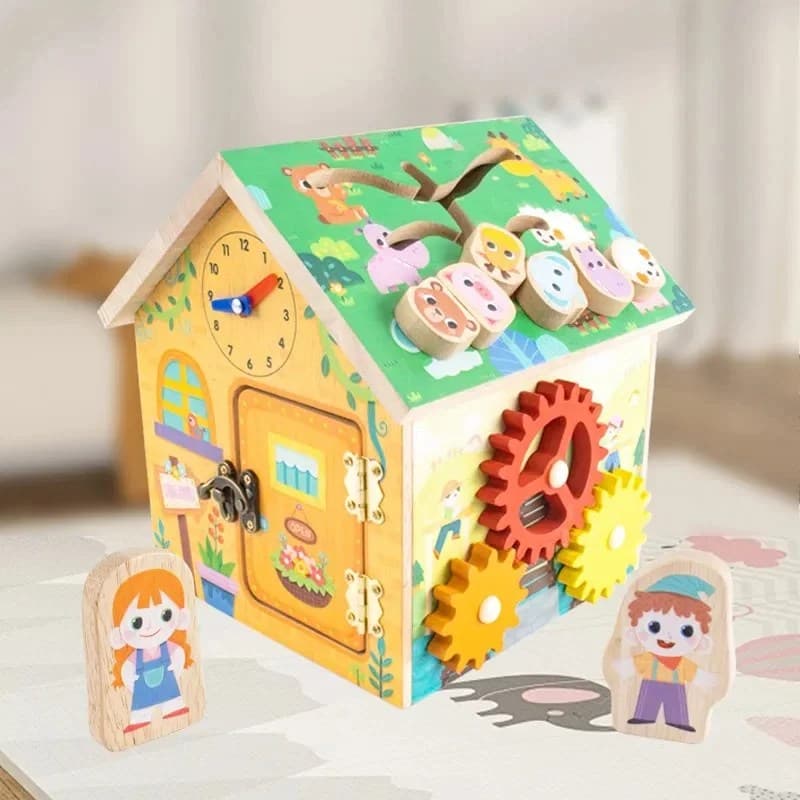 Casuta de activitati educativa din lemn montessori cu jocuri multiple pentru copii